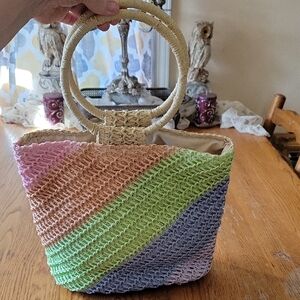 Art Class Pink and Green Tote Bag with Diagonal Stripes. D